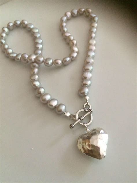 Silver Grey Freshwater Pearl Necklace Sterling Hammer Heart Toggle Gray