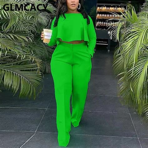 women two piece casual suits long sleeve dip hem crop top shirt and loose pants set green xxxl