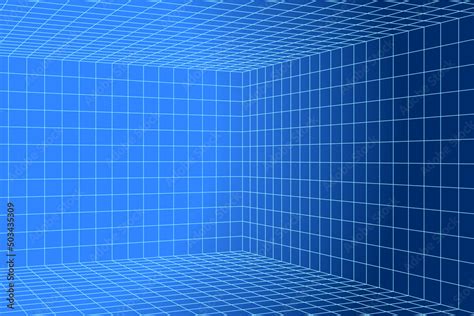 3d Digital Two Points Perspective Grid Room White Mesh On Blue