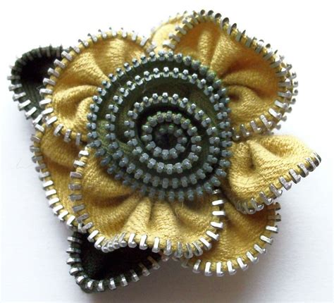Gold And Khaki Floral Brooch Zipper Pin By Zippinning 3215 Etsy