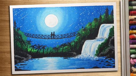Waterfall At Night Drawing With Oil Pastels For Beginners Step By Step
