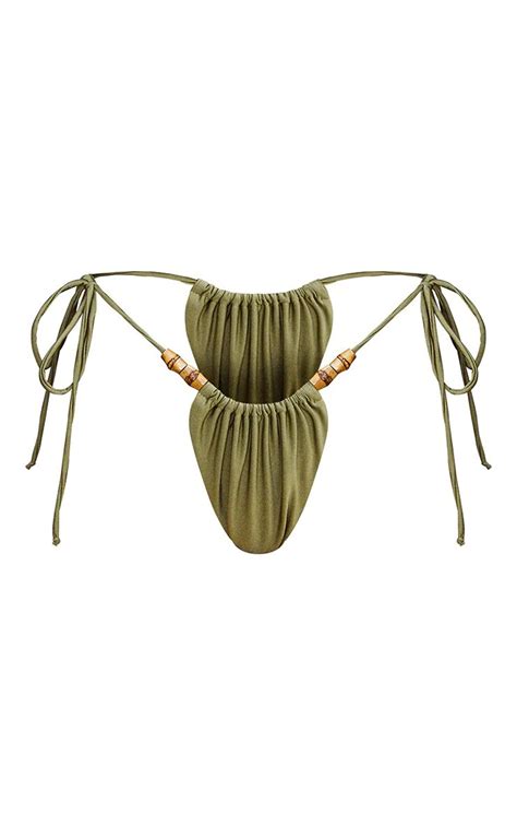 Olive Wooden Bead Ruched Tanga Bikini Bottoms Pretty Little Thing