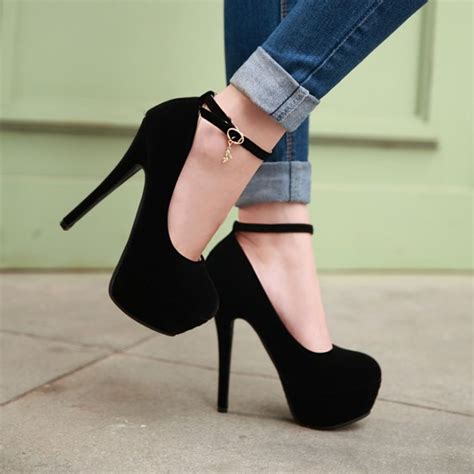 Fashion Round Toe Stiletto Heels Ankle Strap Black Pumps On Luulla