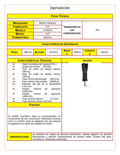 Formato Ficha Tecnica Editable Ficha T Cnica Maquinaria Martillo Hidraulico Variantes En Las
