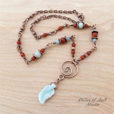 Amazonite And Carnelian Copper Wire Wrapped Necklace By Pillar Of Salt