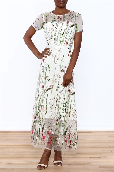Mesh Embroidered Dress Floral Lace Maxi Dress Short Sleeve Maxi