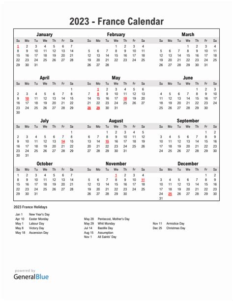 2023 France Calendar With Holidays
