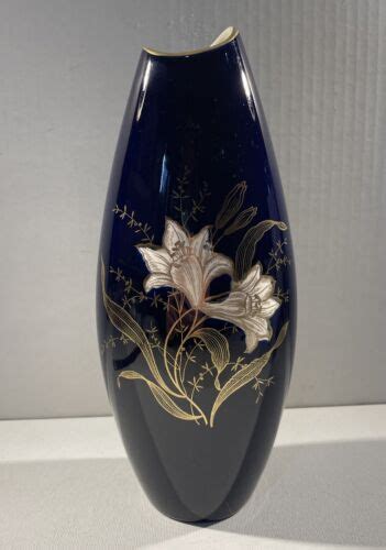 Vintage Limburg German Navy Blue Vase Gold White Floral Tiger Lily Accents 9”のebay公認海外通販｜セカイモン