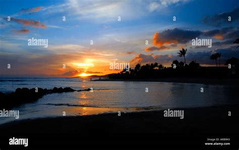 Sunset In The Poipu Beach Park In Poipu Kauai Hawaii Usa Stock Photo