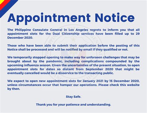 CONSULATE GENERAL APPOINTMENT NOTICE – Philippine Consulate General Los
