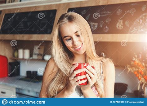 Cute Girl Drinking Coffee On The Kitchen Stock Image Image Of Coffee