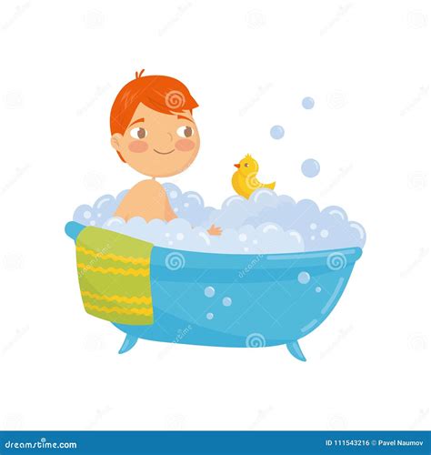 Funny Red Haired Boy Taking Bath With Rubber Duck Toy Bathtub With
