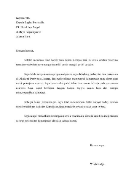 Contoh Surat Lamaran Kerja Bahasa Inggris Untuk Hotel Housekeeping Delinewstv