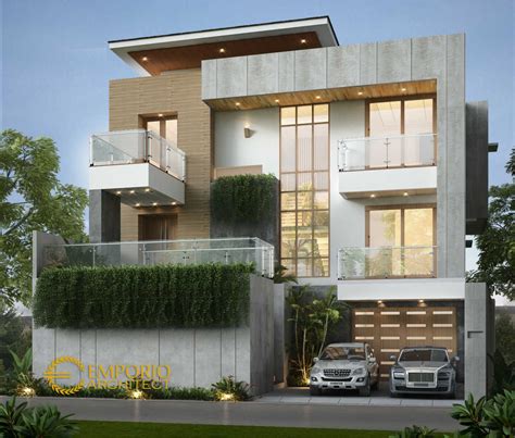 Desain eksterior atau fasad rumah 10×15 minimalis 2 lantai mengadopsi gaya arsitektur minimalis kontemporer. Jasa Arsitek Bandung Desain Rumah Ibu Istia