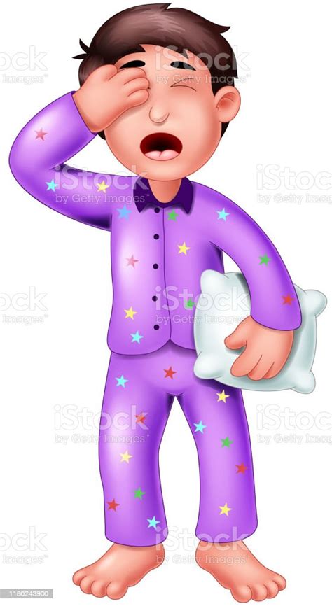 Sleepy Boy In Purple Pajama With White Pillow Cartoon Stock