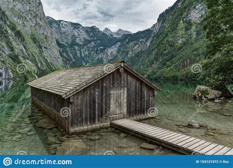 Lonely Hut In A Mountain Lake During Cloudy Weather Stock Photo Image