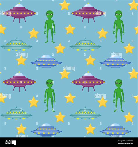 Cute Background With Cartoon Ufos Green Alien Stars On Blue Space