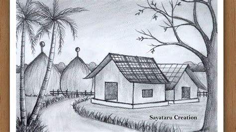 How To Draw Village Scenery With Pencil Sketch Drawing For Beginners