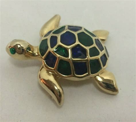 Sea Turtle Pin Brooch Enamel Rhinestones Gold Tone Vintage Green