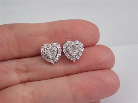 White Gold Diamond Heart Stud Earrings Halo Cluster Studs Etsy