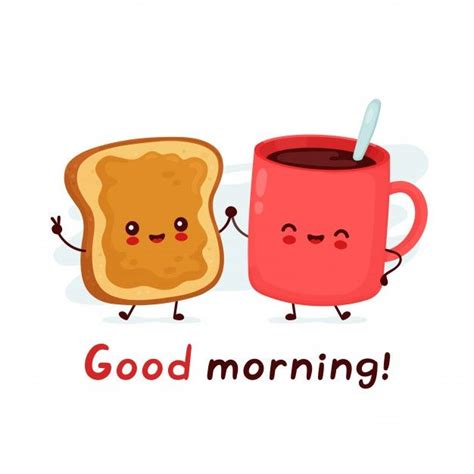Cute Happy Funny Coffee Mug And Toast With Peanut Butter Good Morning