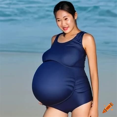 heavily pregnant asian female with a giant over sized pregnant belly wearing dark navy blue one