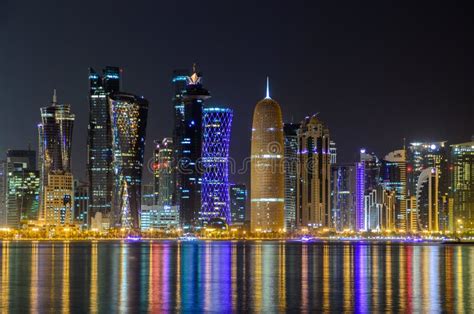 Doha Skyline At Night Qatar Middle East Editorial Stock Image Image