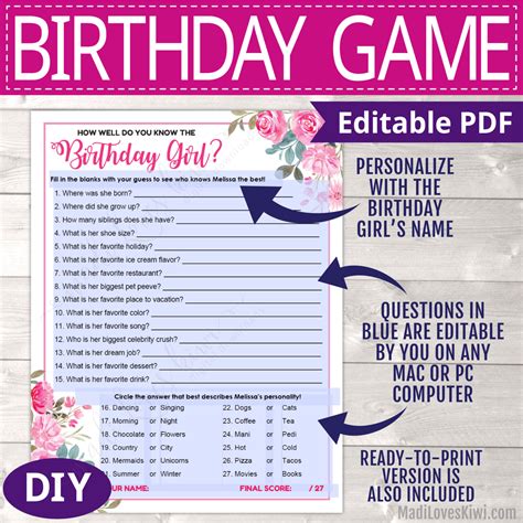 how well do you know the birthday girl quiz printable who knows bday girl best party game