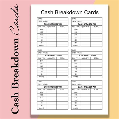 Cash Breakdown Count Sheet Printable Cash Breakdown Cards Etsy Money