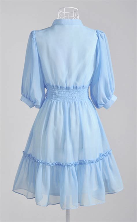 Sale Summer Blue Dress Feminine Deep V Neck Ribbon Soft Blue Chiffon Dress Dresses