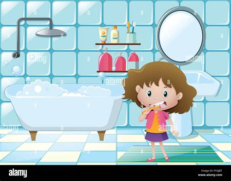 Girl Brushing Teeth In Bathroom Stock Vector Images Alamy