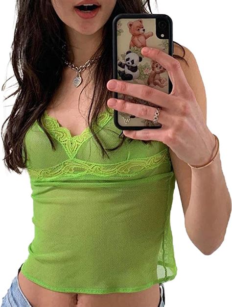 women s sexy see through y2k camisoles sleeveless lace v neck tank tops sheer mesh crop top tee