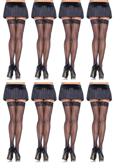 Leg Avenue Womens Sheer Thigh High Stockings With Back Seam And Lace Top Black 8 Pair