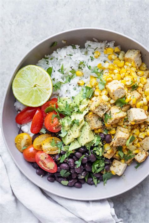 Tofu Rice Bowls With Black Beans And Corn Salad Delish Knowledge