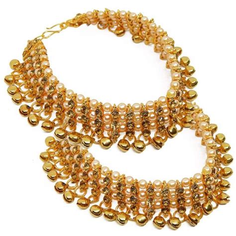 Womens Golden Traditional Pearl Ghungroo Payal Anklet Golusu Pair