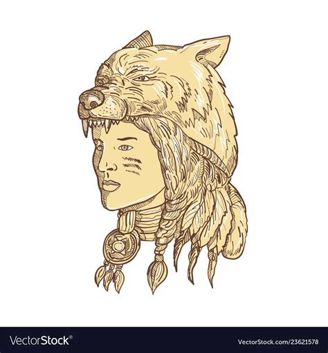 Native American Woman Wearing Wolf Headdress Vector Image