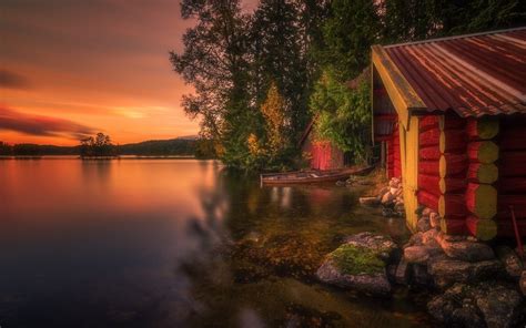 Wallpaper 1400x875 Px Boathouses Clouds Fall Hill Lake