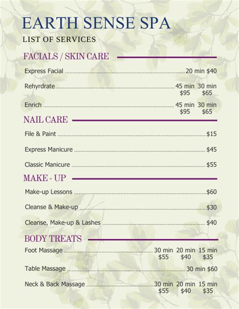 copy of green earth spa price list flyer template postermywall
