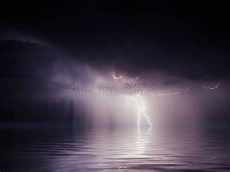 Cloudy Lightning Storm Over Sea Ocean Stock Illustration