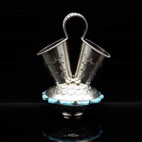 Miniature Navajo Silver Wedding Vase Inlaid Turquoise By Wilford