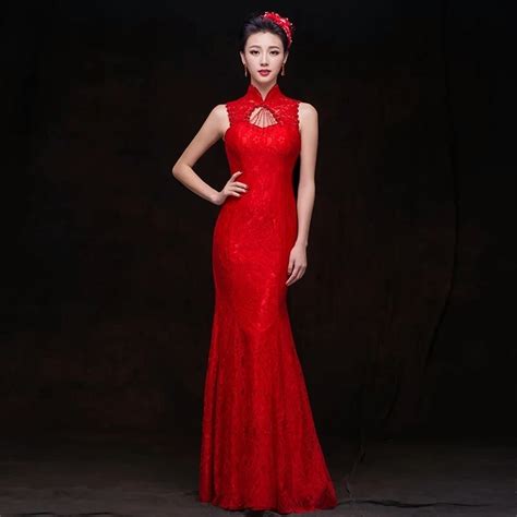 red lace long halter qipao cheongsam modern evening gown sexy backless party dresses chinese