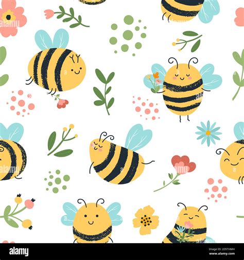 Bees Seamless Pattern Cute Hand Drawn Honey Bees Flying Yellow