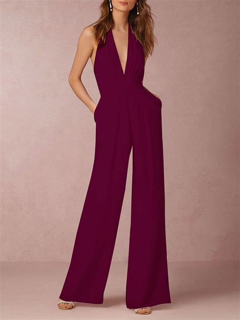 Sexy Pure Color Backless Deep V Halter Jumpsuits In 2022 Jumpsuits For Women Solid Color