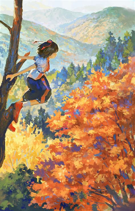 Safebooru 1girl Autumn Autumn Leaves Black Hair Black Skirt Fjsmu Hat Highres Looking Away