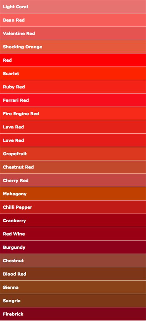 Color Names Red Red Color Names Red Color Pallets Red Colour Palette