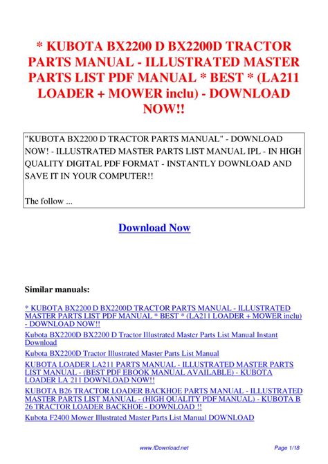 Kubota Bx2200 D Bx2200d Tractor Parts Manual Illustrated Master Parts