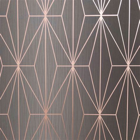 Kayla Metallic Geometric Wallpaper Textured Muriva Charcoal And Rose Gold