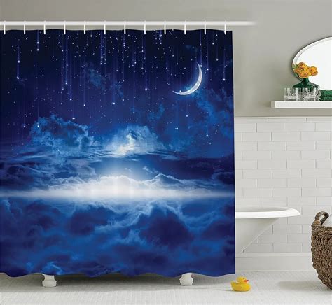 Shower Curtain Amazing Night Sky With Moon Falling Stars Printing Waterproof Mildewproof