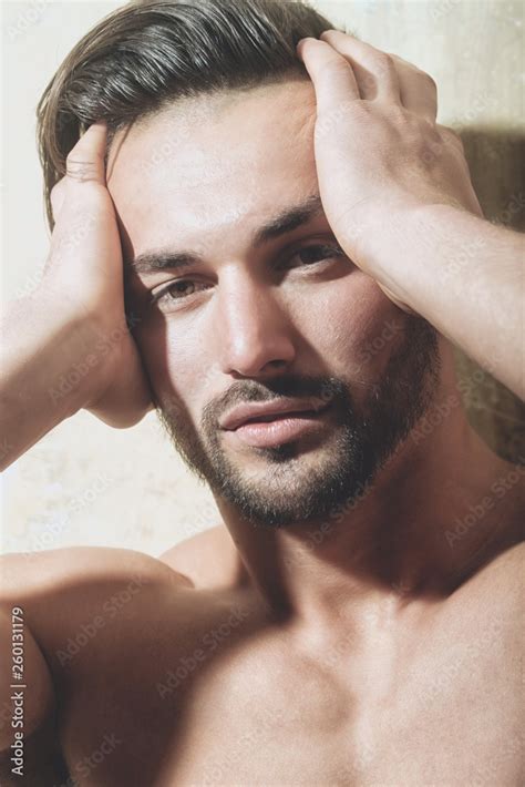 Male Portrait Guy Face Close Up Handsome Bearded Naked Man Looking At