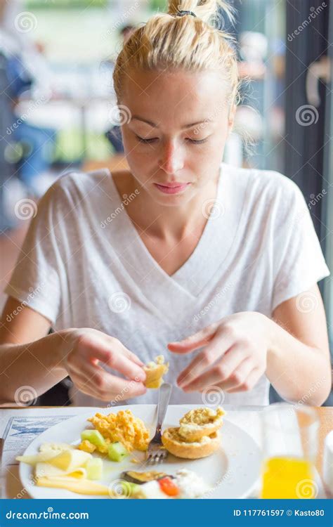 Woman Eating Delicious Healthy Breakfast Scrambled Eggs Cheese